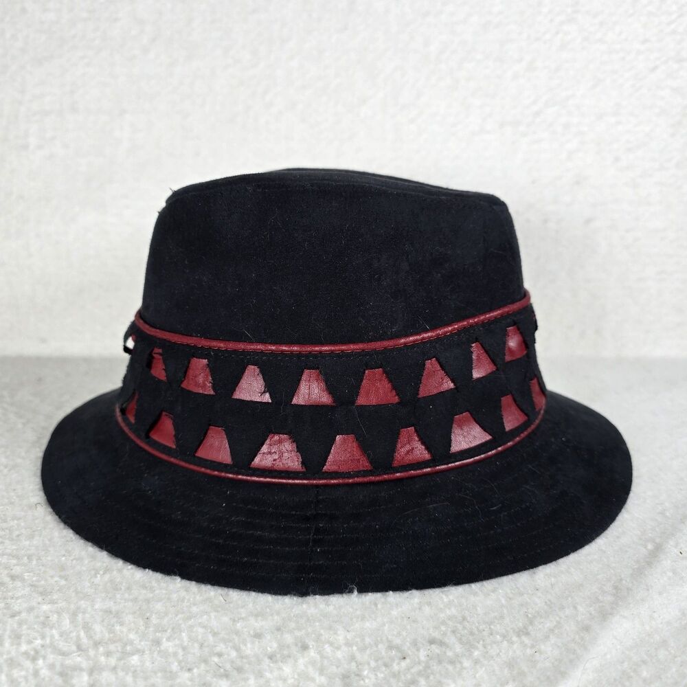 Steve Madden RARE Black Suede Fedora With Red Leather Band Silk Lining Hat OS
